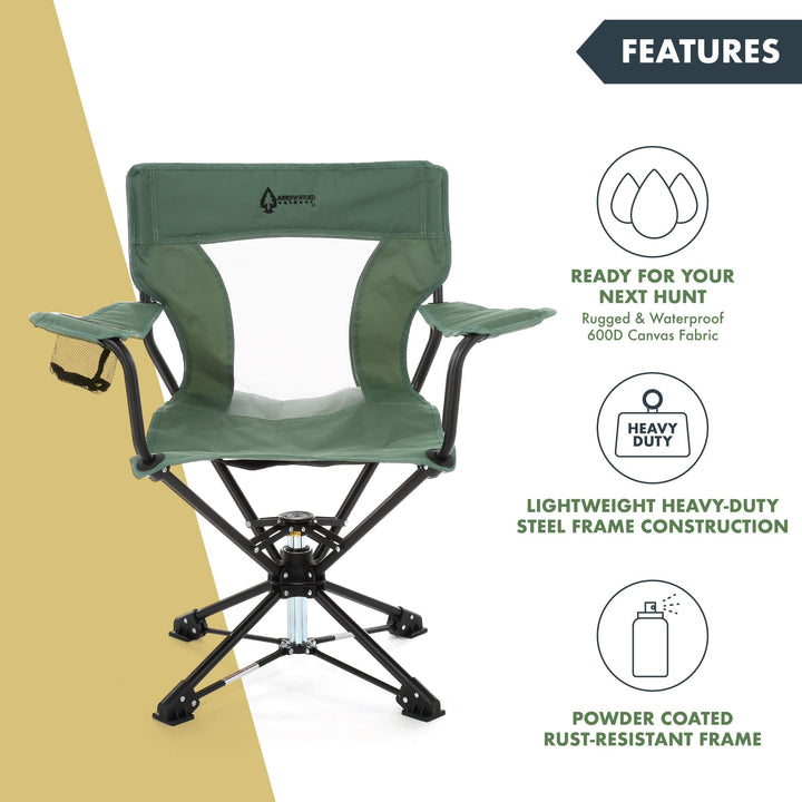 ARROWHEAD OUTDOOR 360° Degree Swivel Hunting Chair Stool Seat, Perfect for Blinds, No Sink Feet, Supports up to 450lbs, Carrying Case, Steel Frame, Fishing, High-Grade 600D Canvas, USA-Based Support