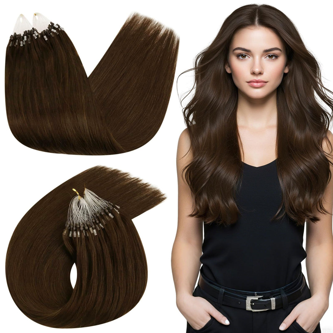 Ugeat Brown Microlink Hair Extensions Short Length 14 Inch Chocolate Brown Micro Loop Human Hair Extensions Micro Bead Style Ver