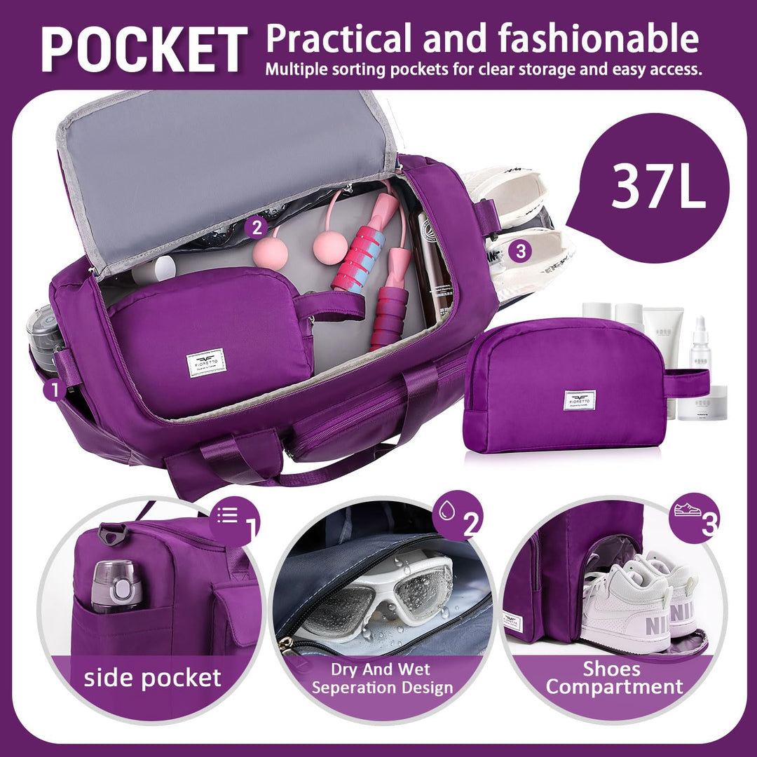 FIORETTO Women's Water-Resistant Gym Duffle Bag with Shoes Compartment, 37L Capacity, Multi-Functional, Ideal for Travel, Gym, Sports, Weekender, with Toiletry Bag, Violet