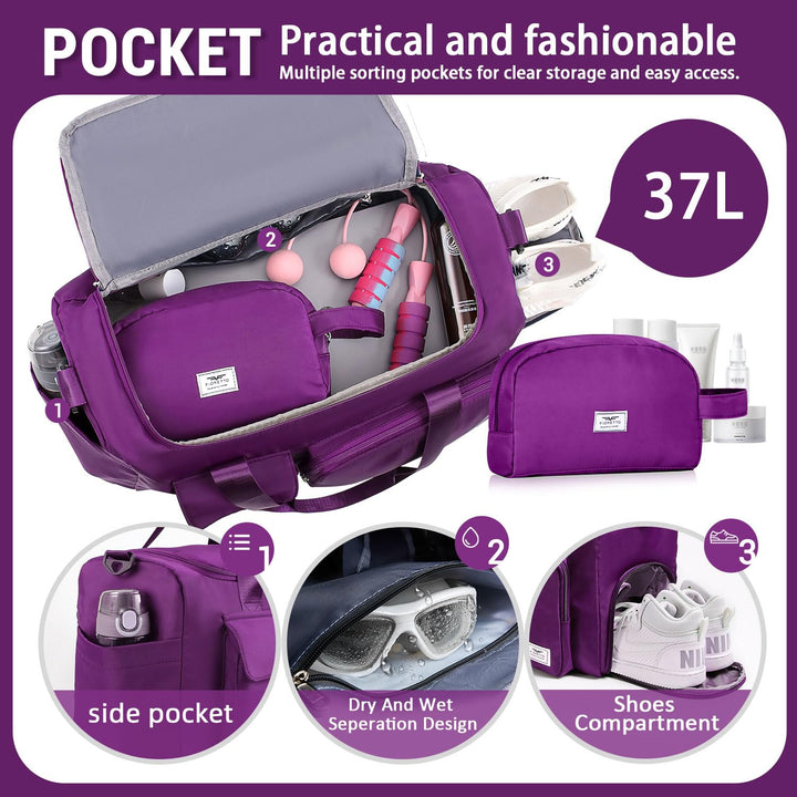 FIORETTO Women's Water-Resistant Gym Duffle Bag with Shoes Compartment, 37L Capacity, Multi-Functional, Ideal for Travel, Gym, Sports, Weekender, with Toiletry Bag, Violet