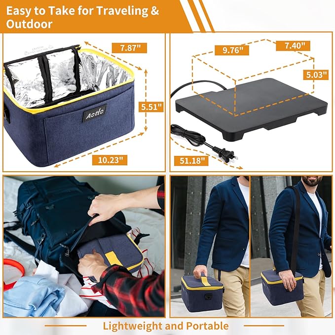 Aotto Portable Electric Lunch Box Food Heater - 110V Portable Oven and Food Warmer, Heated Lunch Box for Adults, Cook, Reheat, and Keep Meals Warm for Travel, Office, and Home - Navy Blue