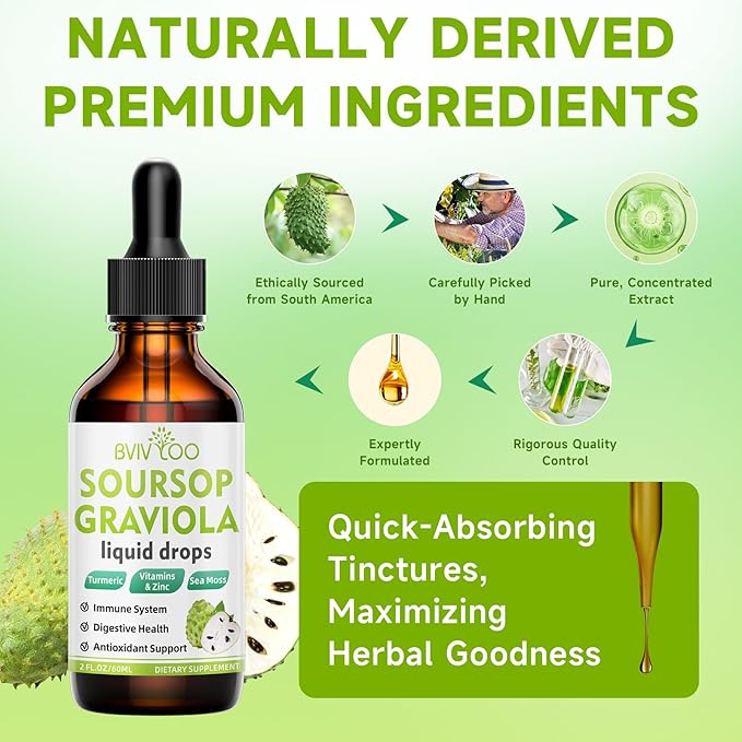 Soursop Graviola Liquid Drops - 2000mg Pure Soursop Extract Blended with 300mg Sea Moss & 100mg Elderberry - Powerful Cell Support, Antioxidant-Rich, Immune-Boosting - 2 Fl Oz (60ml) Bottle