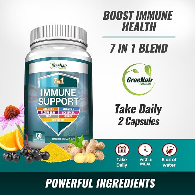 7 in 1 Immune Support Supplement with Vitamin C, D3, Zinc 50mg, Quercetin, Echinacea Purpurea, Sambucus Elderberry and Ginger for Complete Immune Defense - 60 Capsules (3 Bottles)