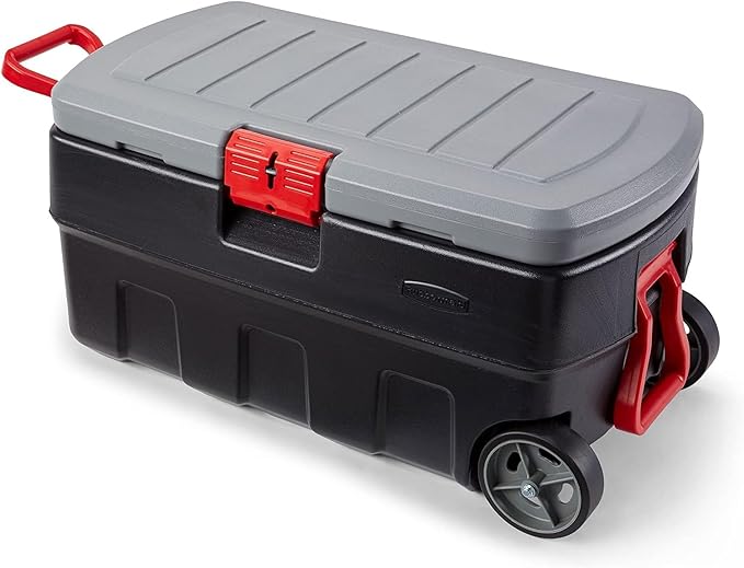Rubbermaid ActionPacker 35 Gallon, Made in USA, Lockable Plastic Storage Bin with Lid and Wheels- Outdoor, Industrial, Rugged, Camping Gear and Truck Bed Storage - Gray and Black