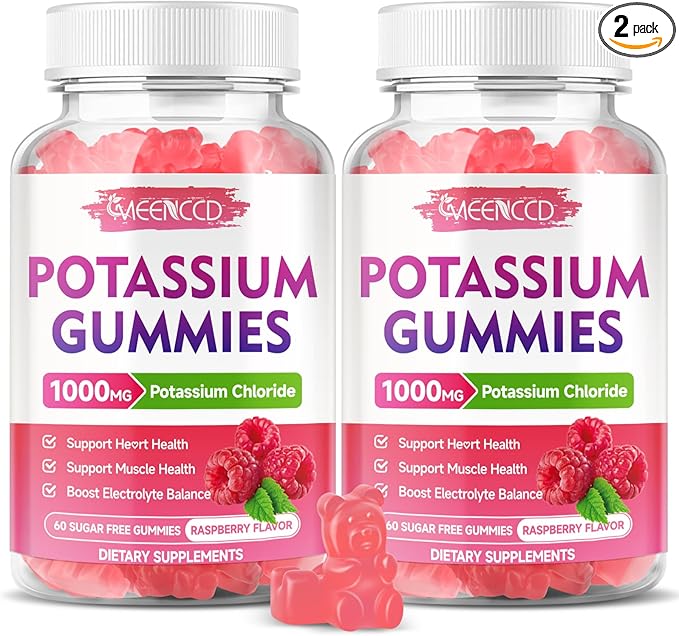 2 Pack Potassium Gummies, Potassium Chloride 1000mg for Adults, Sugar-Free Potassium Supplement Gummies Support Electrolyte Balance & Leg Cramps for Women & Men, Raspberry Flavor, 120 Count