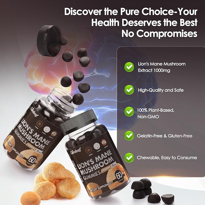 Lions Mane Mushroom Gummies for Nootropic Brain Supplement, Immune Support,Stress Relief Mushroom Supplement Berrry Flavor 60 Count