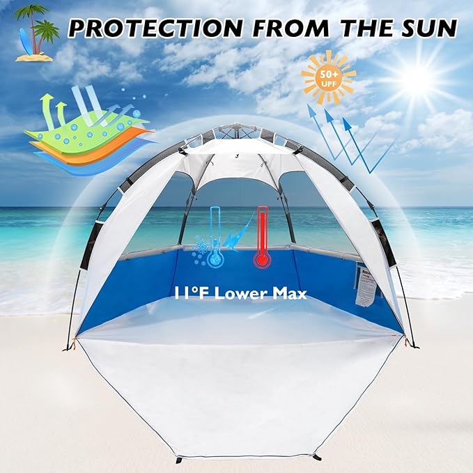 Beach Tent Pop Up Shade, Instant Beach Tents Sun Shelter with UPF 50+ UV Protection, Lightweight & Easy Setup Tent 2-6 Person
