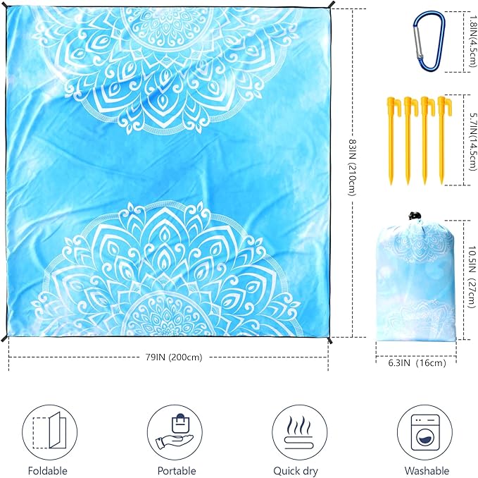 Beach Blanket Waterproof Sandproof Beach Mat 79" X 83" /10'x9'for 2-8 Adults Quick Drying Outdoor Picnic Mat Beach Accessories for Travel, Camping, Hiking