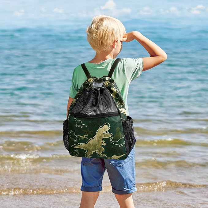 WAWSAM Dinosaur Kids Drawstring Backpack - Mesh Drawstring Bag for Boys Swim Bag with Waterproof Zipper Pocket Kids Beach Backpack for Swimming Pool Sport Yoga Travel Mesh Gym Bag