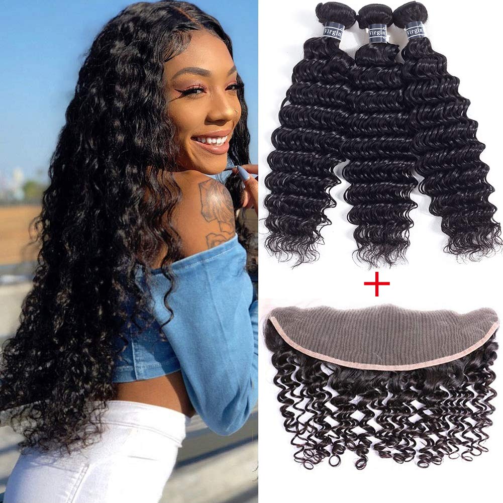 Amella Hair Deep Wave 3 Bundles With Frontal Ear To Ear Lace Frontal Closure With Bundles Brazilian Virgin Hair With Closure Hum