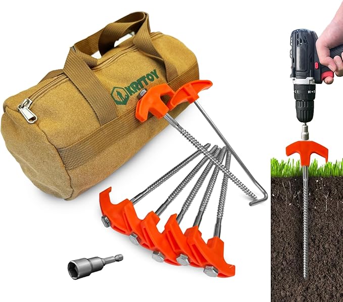 30 Pack Tent Stakes Heavy Duty - 8" Screw in Tent Stakes - Ground Anchors Screw in - Tent Pegs Camping Stakes - Metal Threaded Tent Spikes with 1 Hex Head Driver, 1Stopper T Pull Hook and Storage Bag