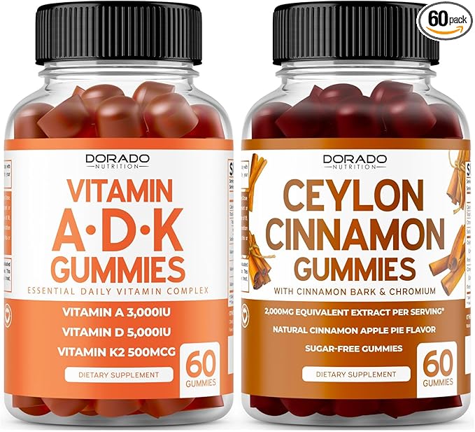 ADK Gummies Vitamin D3 K2 (60 Gummies) - Supplement with D & K - 10 Vegan Supplement - Ceylon Cinnamon (60 Capsules) Digestion Overall Wellness Support - Ceylon Supplements - Vegan & Made in USA