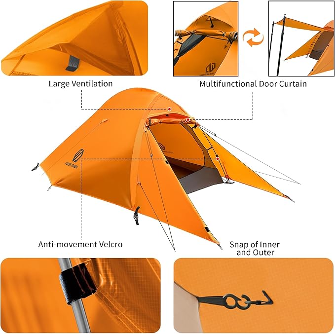 2 Person Camping Tent with 3 Aluminum Alloy Poles, 4 or 3 Season Waterproof Tent, Double Layer,Easy Setup, 2 Doors for Outdoor Hiking,Mountaineering,Survival,Travel