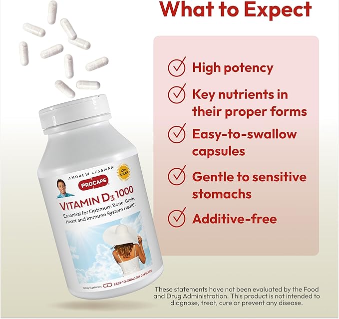 ANDREW LESSMAN Vitamin D3 1000 IU 180 Capsules - High Potency, Essential for Calcium Absorption, Supports Bone Health, Healthy Muscle Function, Immune System, More. Small Easy to Swallow Capsules