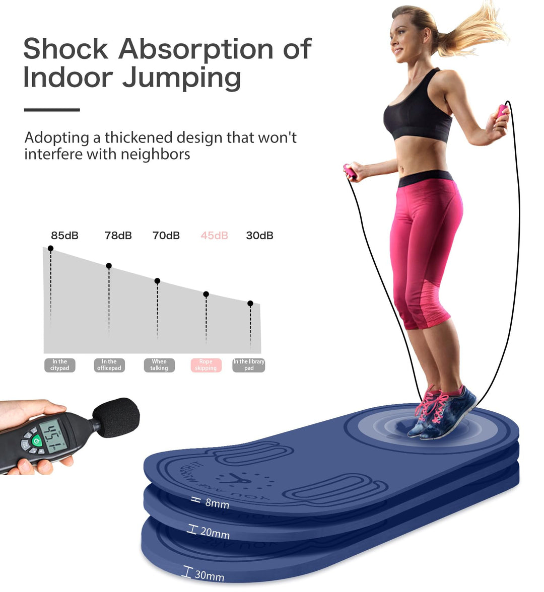 LERYG 8/20/30mm Jump Rope Mat Fitness Exercise Mat Durable, Non-Slip, Workout Mats with Jump Rope & Carrying Bag for Home Gym Flooring in Blue(55"x 24"x 30mm)