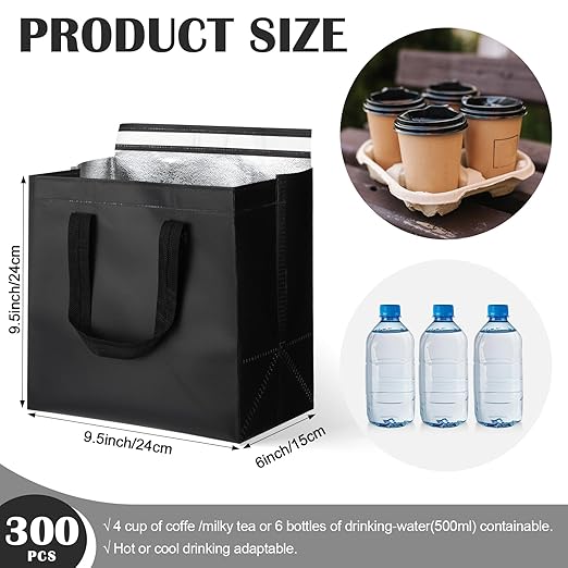 300 Pcs Insulated Take Away Bags Bulk Thermal Insulation Food for Coffee Milk Tea Hot Cold Food Fresh Seafood Cooler Pizza Delivery Bags for Catering Restaurant Grocery (Black)