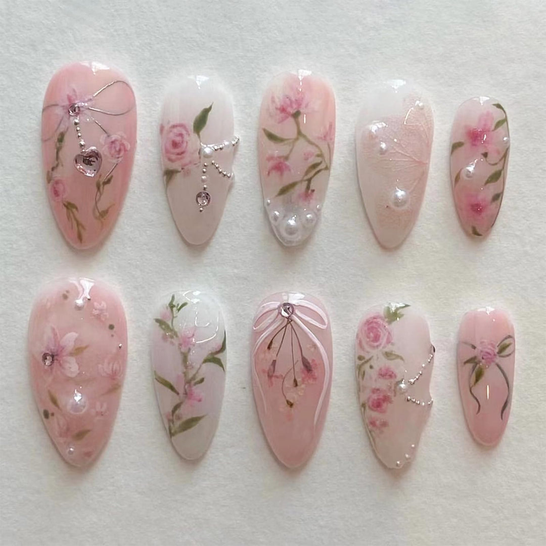 Peach Blossom Press on Nails Short Medium Almond Fake Nails with 3D Pearl Diamond Designs Pink Flower Full Cover Stick on Nails Pink White Gradient Glossy Acrylic Nails False Nails for Women 24Pcs