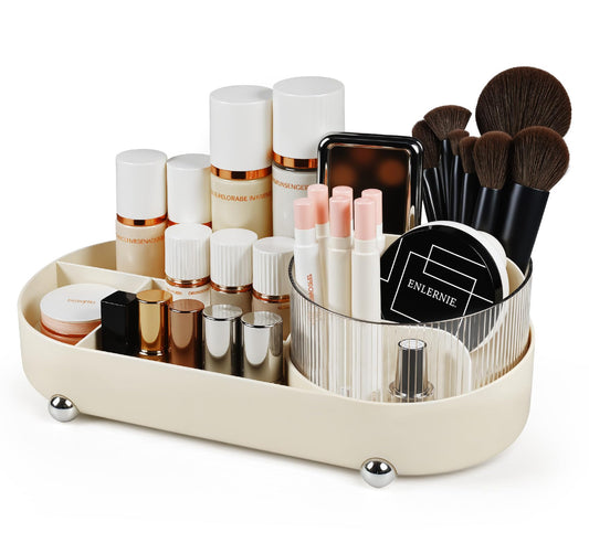 adorbox Make up Organiser, 360° Rotating Makeup Organiser, Rotating Compartment 2 In 1 Makeup Perfume Organiser for Makeup Table, Dresser, Bathroom, Bedroom, Desk (Off white)