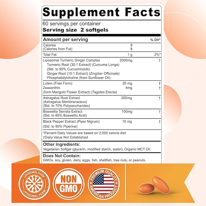 Liposomal Turmeric and Ginger Supplement 2000mg with Lutein 20mg Zeaxanthin for Women Men, Organic Turmeric Curcumin Complex Supplement for Eye, Digestive & Immune Support, Non-GMO, 120 Softgel Pills