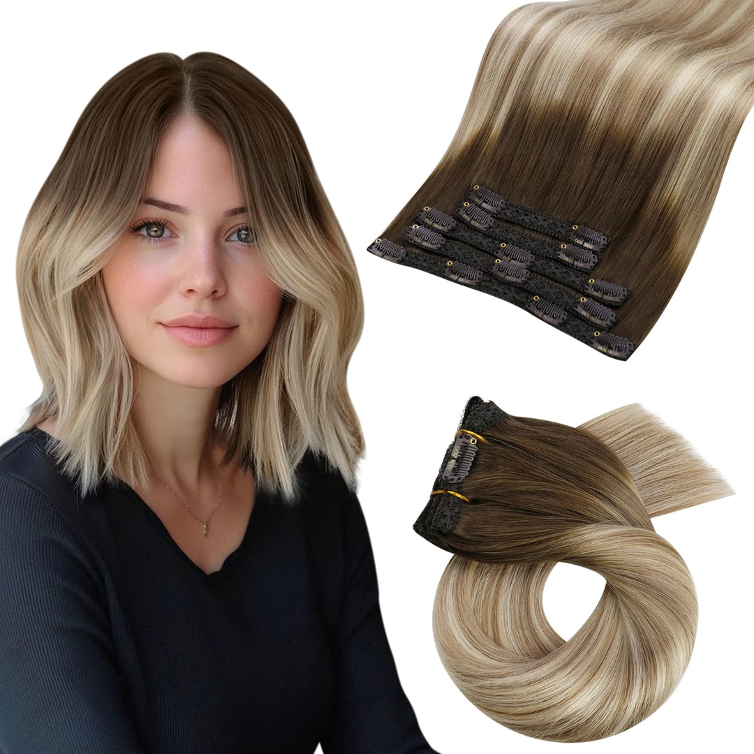 Moresoo Human Hair Clip In Extensions Balayage Double Weft Clip In Human Hair Extensions Brown To Light Brown With Golden Blonde