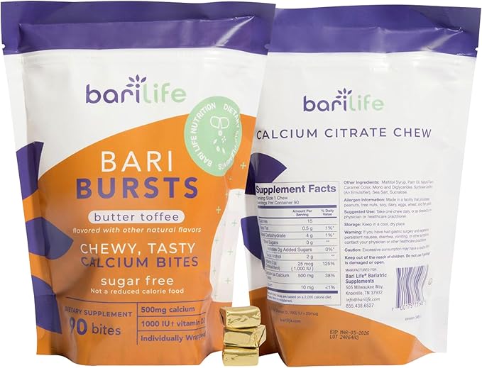 Calcium Citrate Bariatric Calcium Chews with 1000 IU Vitamin D3 - Ideal for Bariatric Patients - BariBurst by Bari Life (Butter Toffee)