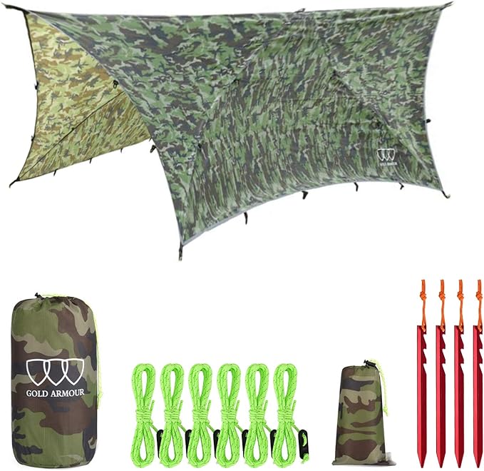 Gold Armour Rainfly Tarp for Hammock and for Tent, Camping Essentials Rain Fly Cover, Waterproof Lightweight Camping Accessories, Survival Camping Gear Camping Tent Accessories (Camo)