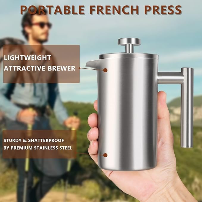 12 OZ French Press Coffee Maker, Sturdy Insulated Full Stainless Steel Coffee Press, Mini Small Camping French Presses Maker, 1-2 Cup Teapot for Kitchen Travel Elegant Silver 350ml
