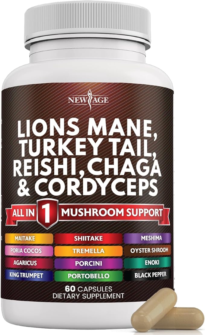 NEW AGE Lions Mane Mushroom Supplement with Turkey Tail Reishi Cordyceps Chaga with Marshmallow Root