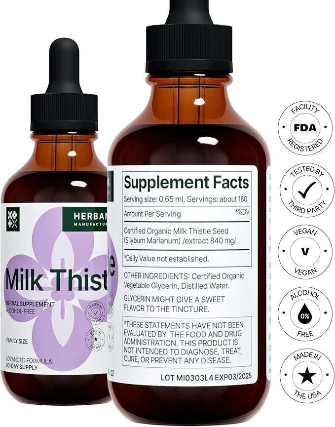 Milk Thistle 4 fl oz Liquid Extract - Natural Liver Support Drops - Cleanse and Detox Herbal Supplement - Silybum Marianum Tincture for Man & Woman - Family Size - High Potency - 90-Day Supply