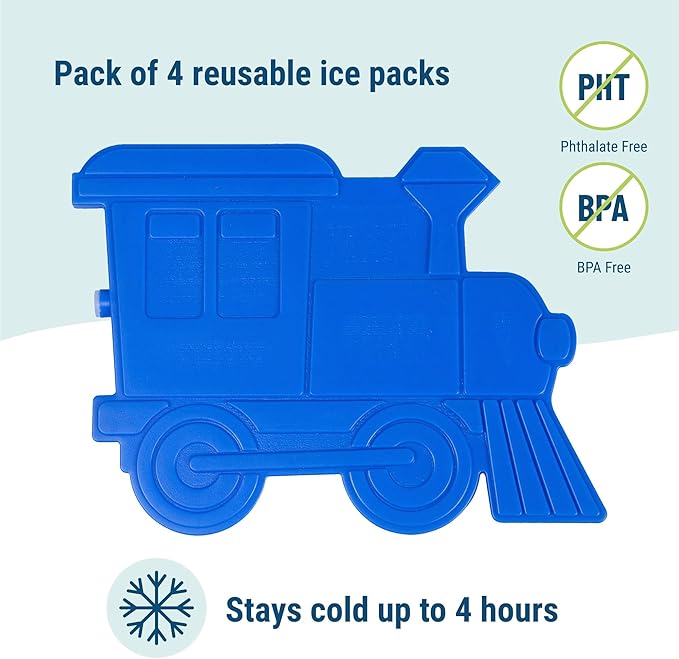 Wildkin Kids Ice Packs (4 Packs) for Boys & Girls, Perfect for Daycare & Preschool Slim & Reusable Ice Packs, Keep Lunches Fresh & Cool for School & Travel, Portable Ice Packs for Kids (Train)