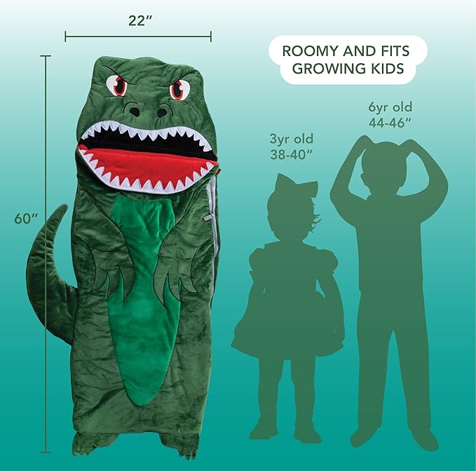 Bixbee Kids Dinosaur Sleeping Bag for 3+, 60 x 22 Inches, Soft Toddler Slumber Bag with Carrying Handle | Machine Washable for Naptime, Daycare