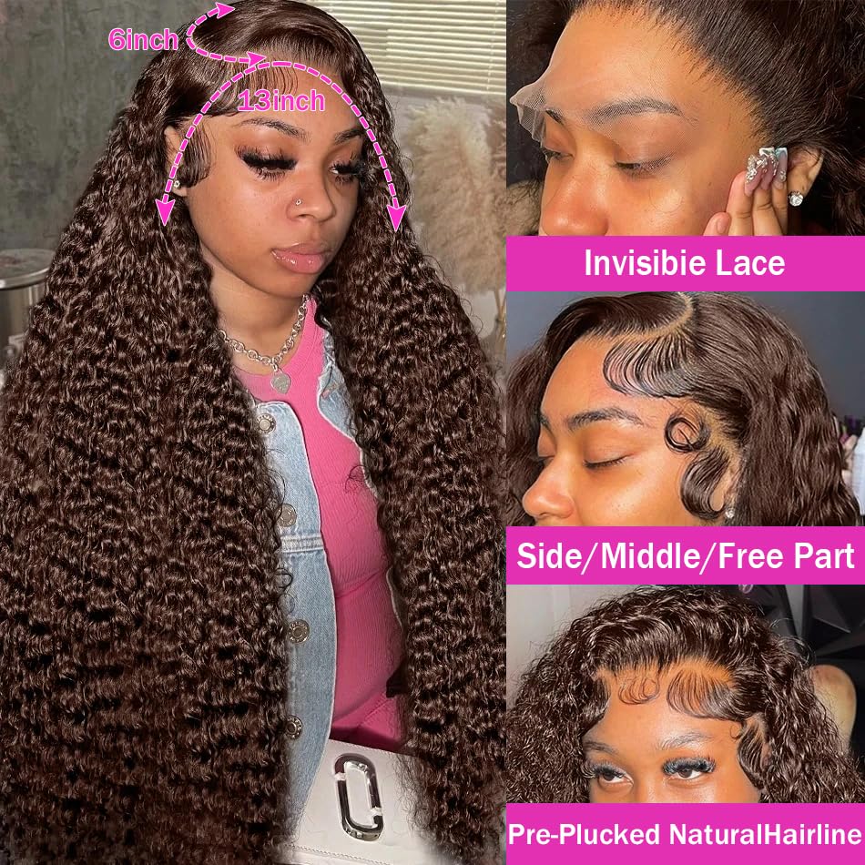 30Inch Chocolate Brown Deep Wave Lace Front Wigs Human Hair 200 Density 13x6 HD Lace Frontal Wigs Curly Human Hair Wig For Women Pre Plucked with Natural Hairline 4# Brown Color