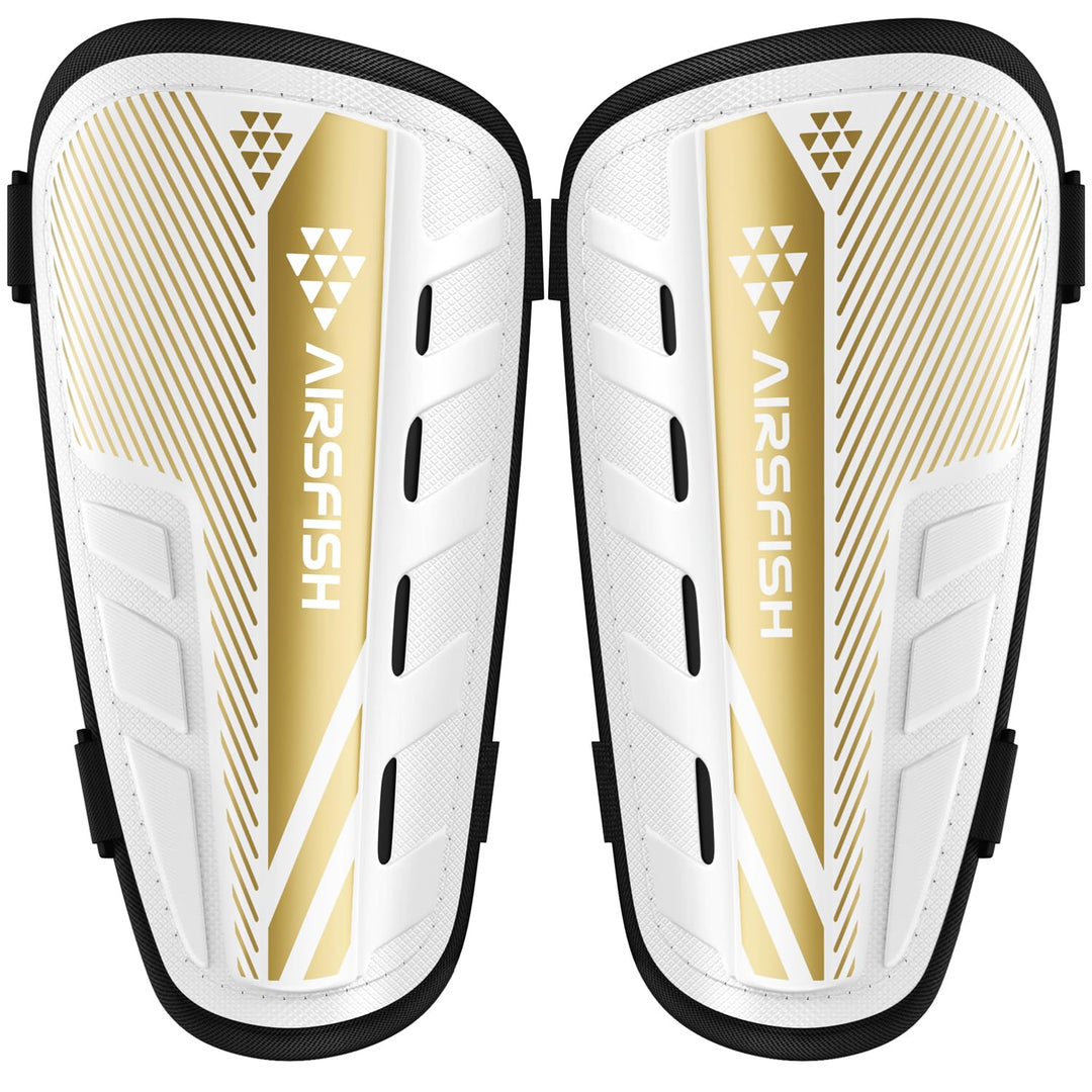 Upgraded Soccer Shin Guards Kids Youth, CE Certified AirsFish Shin Pads Protection Gear for 2-18 Years Old Boys Girls Teenagers EVA High Impact Resistant Breathable Comfortable 1 Pair White+Gold XS