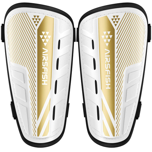 Upgraded Soccer Shin Guards Kids Youth, CE Certified AirsFish Shin Pads Protection Gear for 2-18 Years Old Boys Girls Teenagers EVA High Impact Resistant Breathable Comfortable 1 Pair White+Gold XS