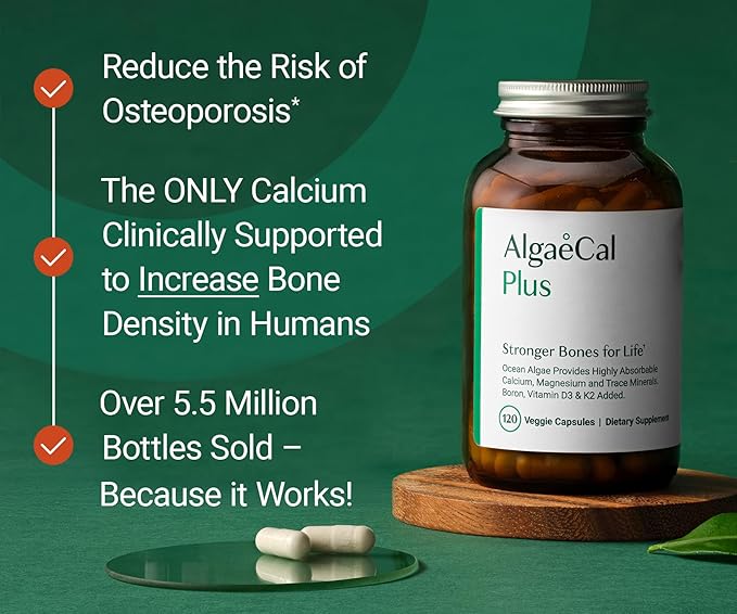 ALGAECAL Plus – Organic Red Algae Calcium Supplement, Vitamin K2 MK7 (100mcg), Vitamin D3 (1600 IU), Magnesium (350mg), Trace Minerals, Plant-Based Bone Strength, Easy to Swallow, 120 Veggie Caps