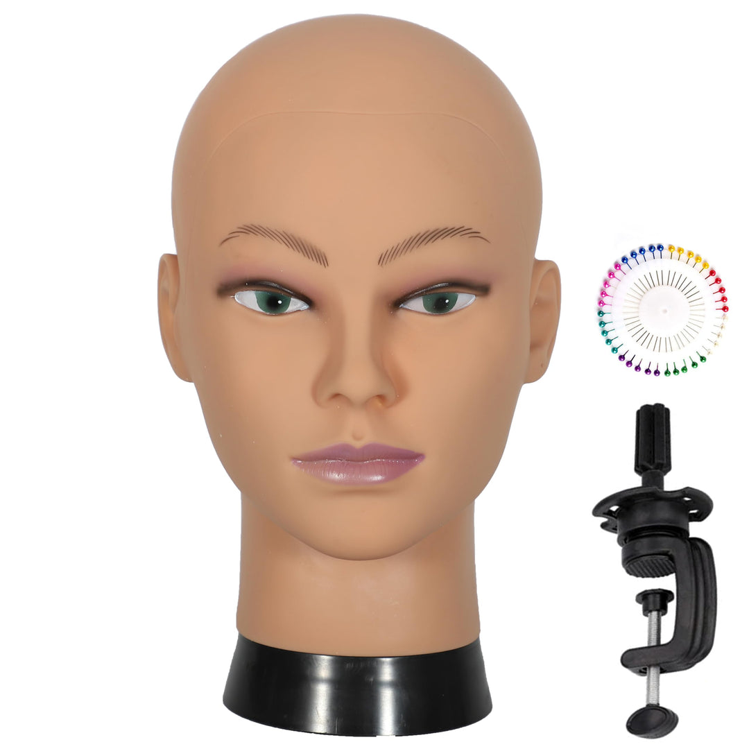 simnient Bald Mannequin Head Stand Professional Cosmetology Wig Training Head for Wig Making and Display Hat Glasses Scarf Jewelry Model Head with Free Clamp