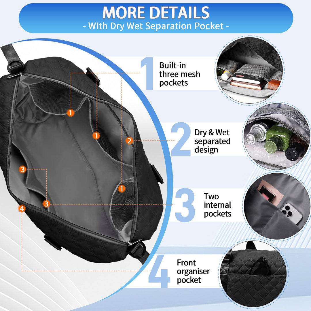 FIORETTO Women's Water-Resistant Travel Gym Duffle Bag with Detachable Strap, Multi-Functional, Ideal for Travel, Gym, Sports, Weekender, DUffel, with Toiletry Bag, Black