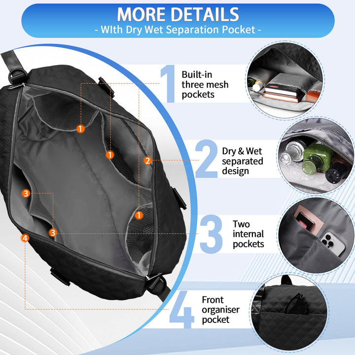 FIORETTO Women's Water-Resistant Travel Gym Duffle Bag with Detachable Strap, Multi-Functional, Ideal for Travel, Gym, Sports, Weekender, DUffel, with Toiletry Bag, Black