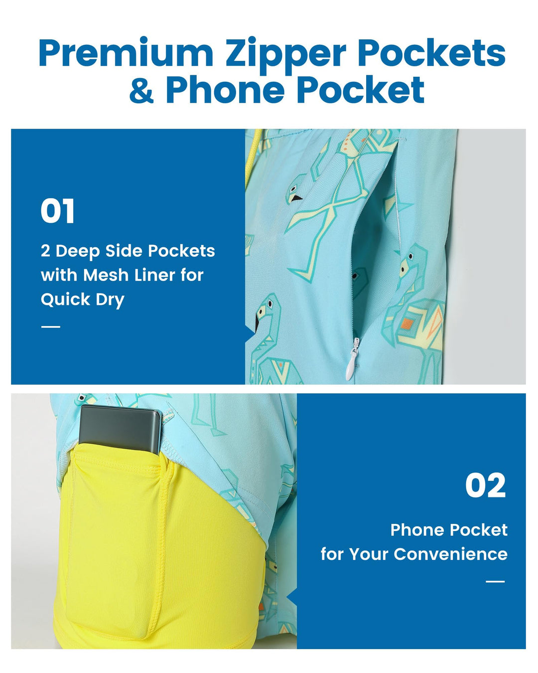 maamgic Mens Swim Trunks with Compression Liner 5" Stretch Athletic Swimming Shorts Quick Dry with Zipper Pockets No-Chafing Board Shorts Blue-Geometric Flamingo X-Small