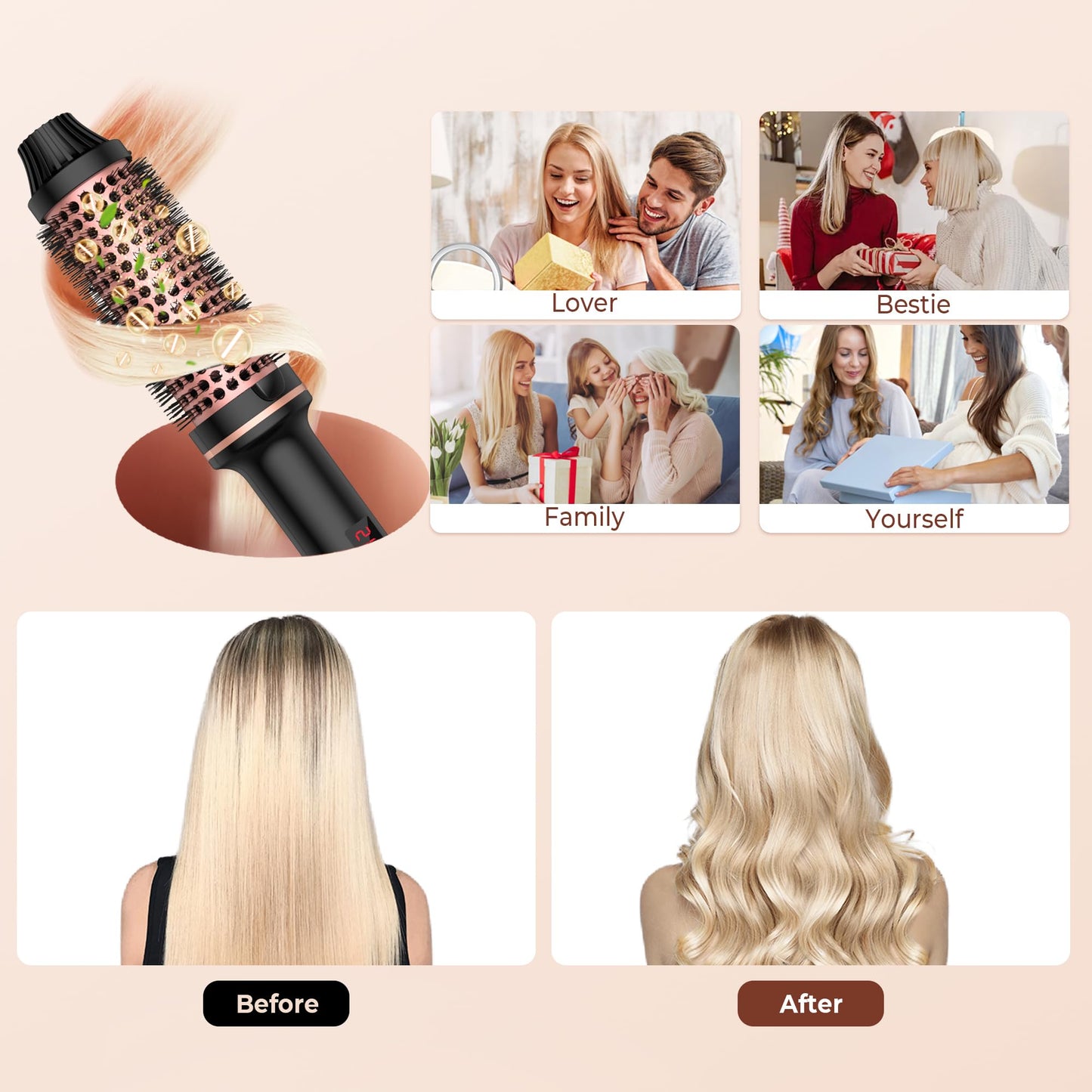 38MM Thermal Brush, Ionic Thermal Brushes, Double PTC Round Brush Heated Curling Iron Temp 120-200°C, Heat Brushs, Volumative Therma Brushes, Create Root Volume & Loose Curls