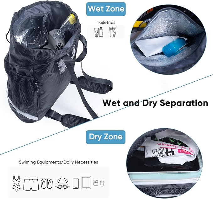 Swim Beach Gym Backpack - Drawstring with Shoes Compartment and Waterproof Pocket for Gym Accessories, Swim Essentials - Kids Mens Beach Workout Bag
