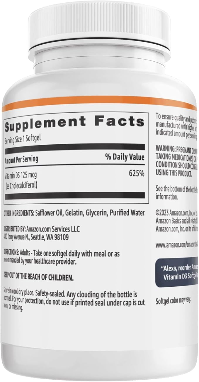 Amazon Basics - Vitamin D3, 125 mcg, 60 Softgels (1 per serving), Gluten Free