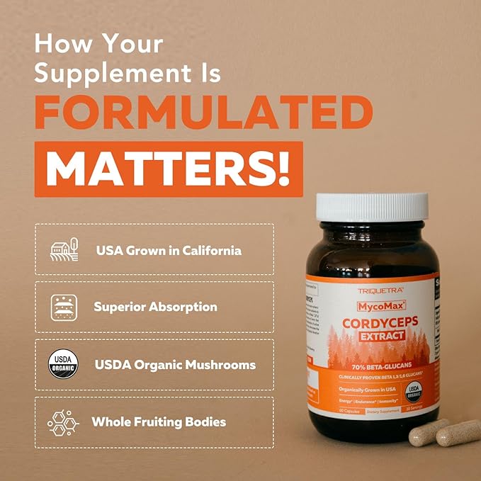 Organic Cordyceps Mushroom Extract - 70% Beta Glucans - Highest Active Nutrient Levels, Max Potency Cordyceps Capsules, US Grown + Ultrasonic Extraction - Performance, Immunity & Energy - 60 Capsules