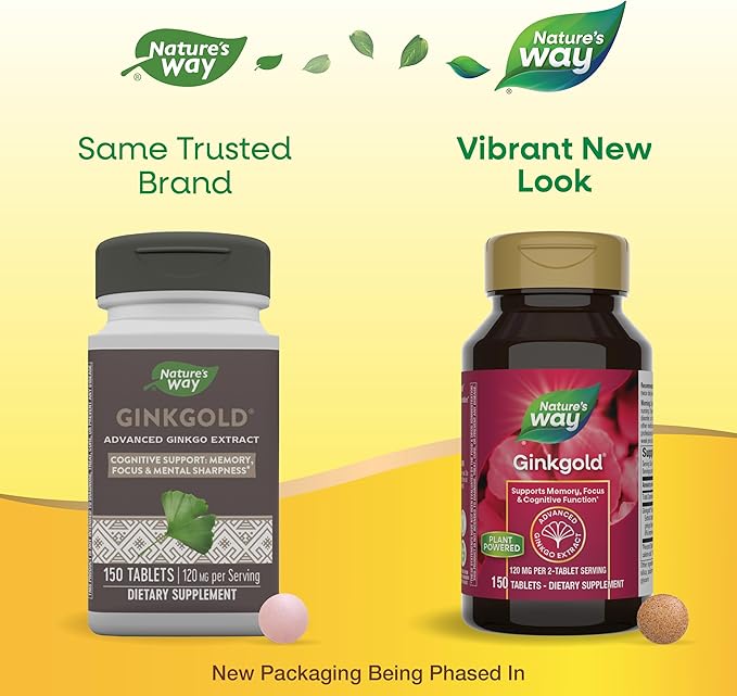 Nature's Way Ginkgold Advanced Ginkgo Extract, Supports Memory, Focus & Cognitive Function*, Ginkgo Biloba Extract, 150 Tablets (Packaging May Vary)