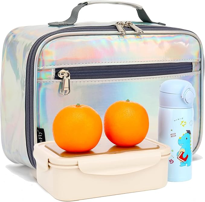FlowFly Kids Lunch box Insulated Soft Bag Mini Cooler Back to School Thermal Meal Tote Kit for Girls, Boys, Silvery