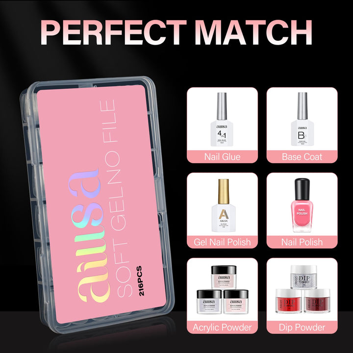 AILLSA Ballerina Nail Tips Clear Gelly Full Cover Nail Tips Pre-Shaped Acrylic Press on False Nails tips for Nails Extension Home DIY Salon Manicure 216PCS 12 Sizes