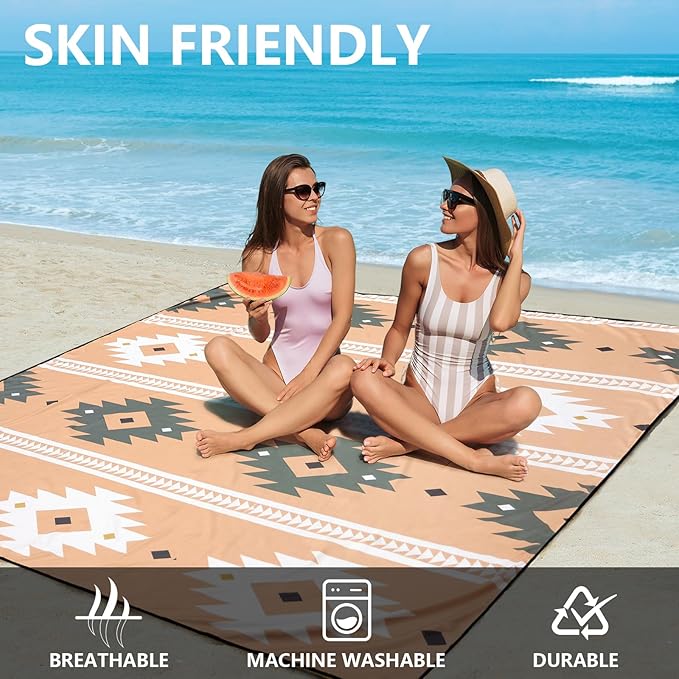 Beach Blanket, Sandproof Beach Mat, Waterproof Quick Drying Lightweight Outdoor Aztec Picnic Mat 79" X 83" for 2-4 Adults with Pocket for Travel, Camping, Hiking