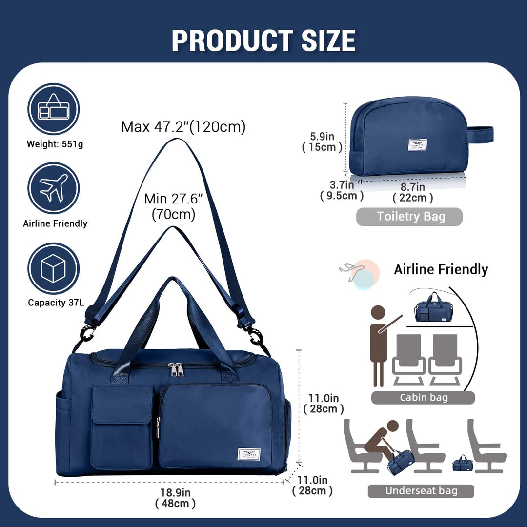 FIORETTO Women's Water-Resistant Gym Duffle Bag with Shoes Compartment, 37L Capacity, Multi-Functional, Ideal for Travel, Gym, Sports, Weekender, with Toiletry Bag, Navy Blue