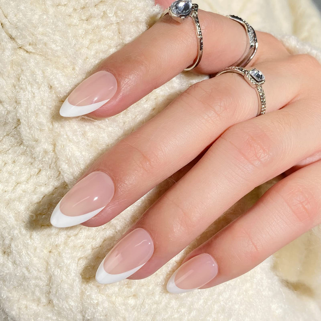 BTArtbox Press On Nails Short - French Tip Press On Nails, Almond Fake Nails White with Nail Glue, Fit Perfectly & Natural Reusable Stick On Nails in 15 Sizes Glue On Nails Kit, White French