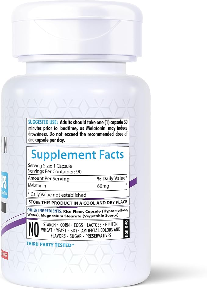 Melatonin 60mg | 90 Veg Capsules | Gluten-Free | Non-GMO | Unflavored | Made in USA